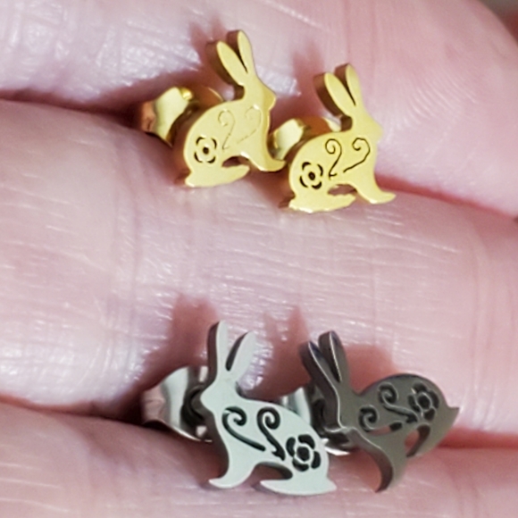 Bunny rabbit Stud earrings real gold stainless steel New Easter - Picture 3 of 9